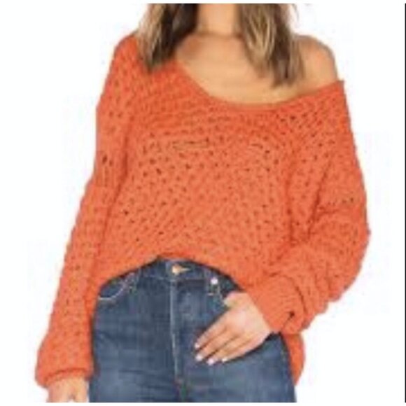 Free People Crashing Waves Orange Knit Sweater Size S Wool Blend Boho Cozy Fall - Picture 6 of 12